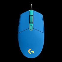 Logitech G102 LIGHTSYNC azul, vista superior: logo G iluminado amarelo, roda e botão DPI em turquesa