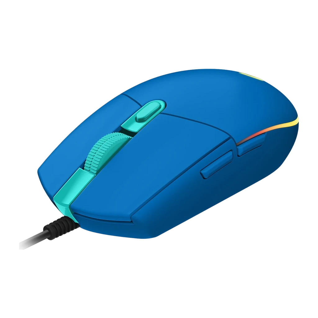 Logitech G102 LIGHTSYNC azul, vista superior: logo G iluminado amarillo, rueda y botón DPI en turquesa - Ítem1