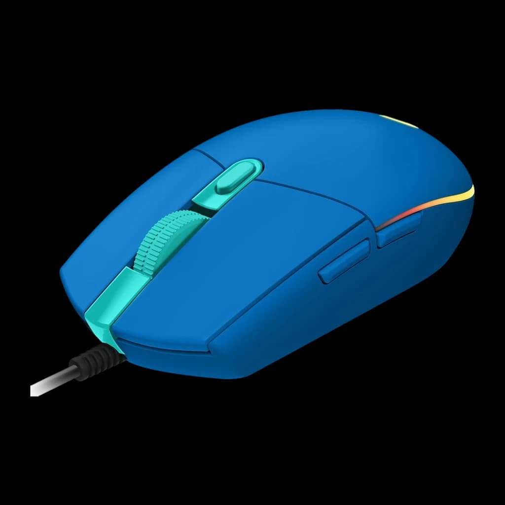 Logitech G102 LIGHTSYNC azul, vista em ângulo: iluminação RGB lateral amarela, botões laterais e cabo USB visíveis