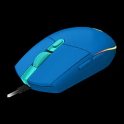 Logitech G102 LIGHTSYNC azul, vista em ângulo: iluminação RGB lateral amarela, botões laterais e cabo USB visíveis