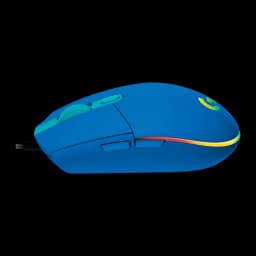 Logitech G102 LIGHTSYNC azul, vista lateral esquerda: iluminação RGB vermelha e amarela na base, logo G e cabo USB