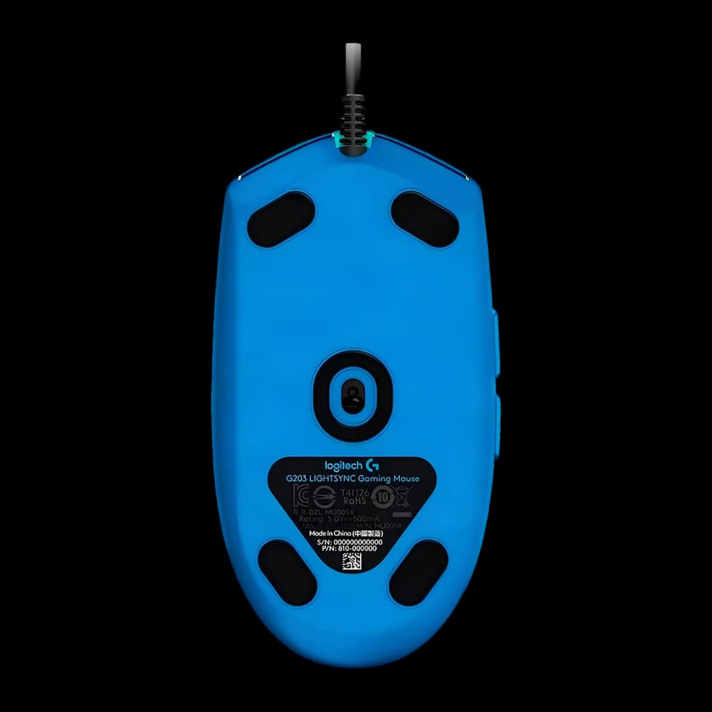 Logitech G102 LIGHTSYNC Azul, vista inferior: sensor óptico, apoios de borracha e etiqueta com especificações
