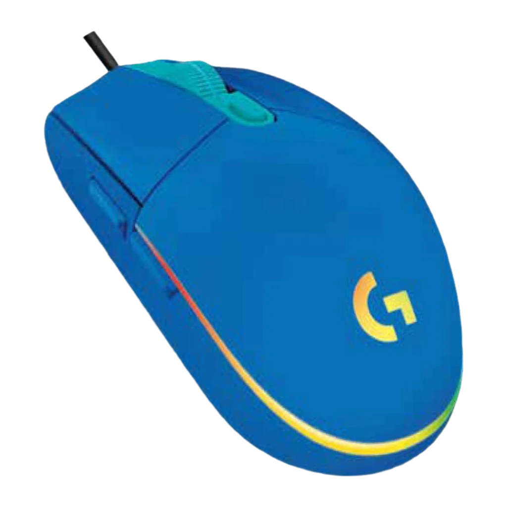 Logitech G102 LIGHTSYNC azul, vista superior: logo G iluminado amarillo, rueda y botón DPI en turquesa - Ítem4