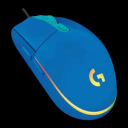Logitech G102 LIGHTSYNC Azul, vista lateral superior: iluminação RGB na base e logótipo G amarelo aceso