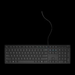 Dell Teclado KB216 com fio QWERTY Espanhol Preto, vista aérea: teclado numérico lateral visível e cabo USB ondulado na parte