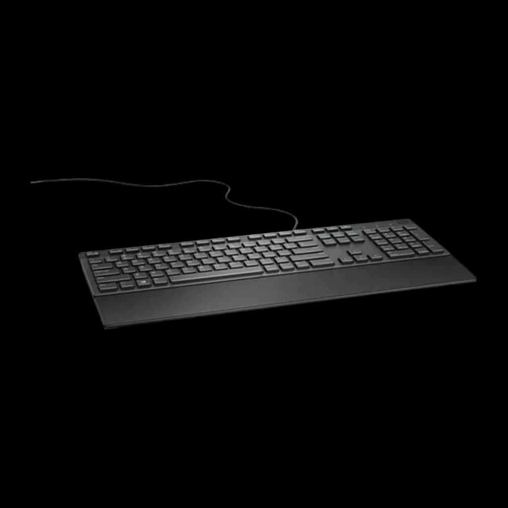Dell Teclado KB216 com fio QWERTY Espanhol Preto, vista em perspectiva: perfil baixo, apoio de pulso e cabo USB saindo pela