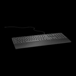 Dell Teclado KB216 com fio QWERTY Espanhol Preto, vista em perspectiva: perfil baixo, apoio de pulso e cabo USB saindo pela
