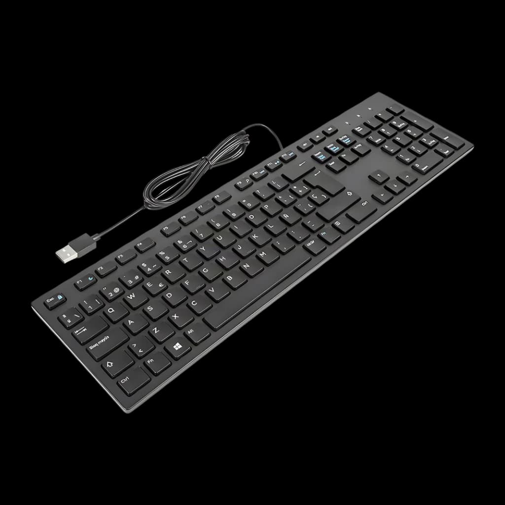 Dell Teclado KB216 com fio QWERTY Espanhol preto, vista em perspectiva: teclas de perfil baixo e cabo USB enrolado visível