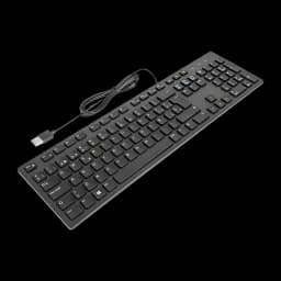 Dell Teclado KB216 com fio QWERTY Espanhol preto, vista em perspectiva: teclas de perfil baixo e cabo USB enrolado visível
