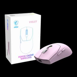 MSI Forge GM340 Wireless violeta, kit com caixa: rato em primeiro plano ao lado de caixa branca com ilustração e texto Violet