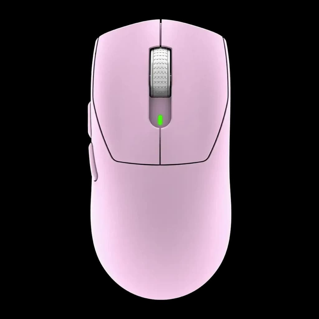 MSI Forge GM340 Wireless roxo, vista superior: roda texturizada, indicador LED verde e botões laterais visíveis