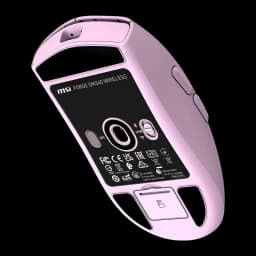 MSI Forge GM340 Wireless violeta, vista inferior: sensor óptico, etiqueta com nome do modelo e conectores DPI e USB