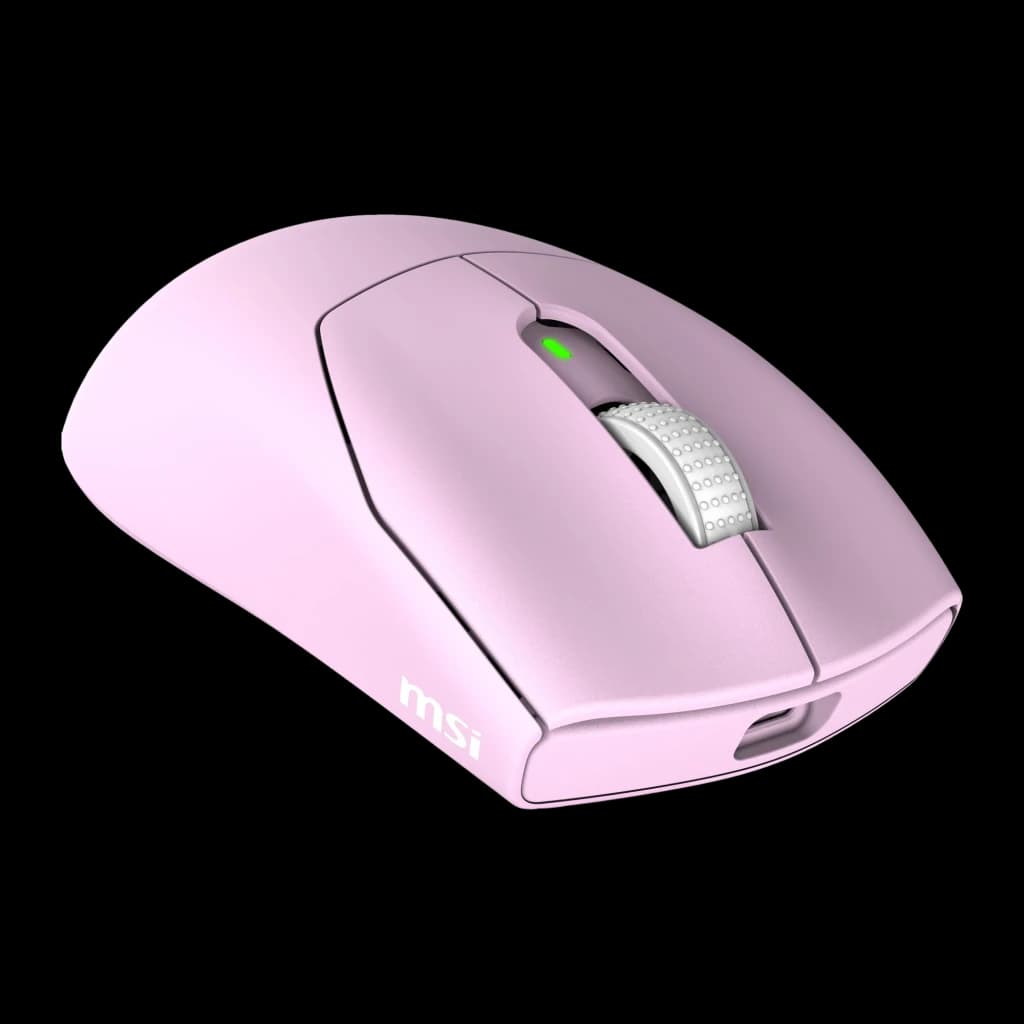 MSI Rato Forge GM340 Wireless violeta, vista lateral 3/4: roda branca texturizada, LED verde e logótipo MSI