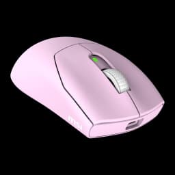 MSI Rato Forge GM340 Wireless violeta, vista lateral 3/4: roda branca texturizada, LED verde e logótipo MSI
