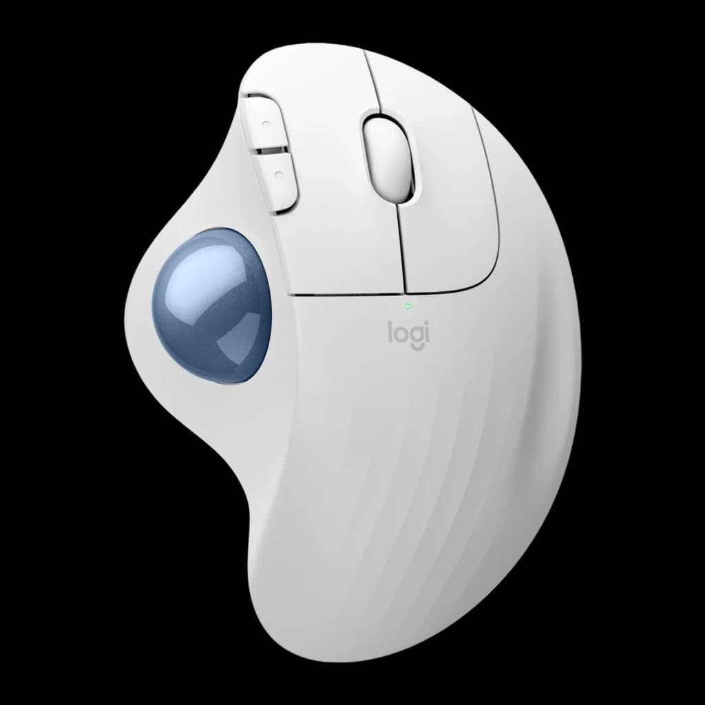 Logitech Trackball Ergo M575s Blanco, vista lateral: bola azul, botones superiores y logo Logi visibles