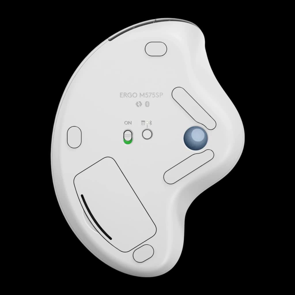Logitech Trackball Ergo M575s Blanco, vista inferior: interruptor ON, receptor USB, Bluetooth y bola azul