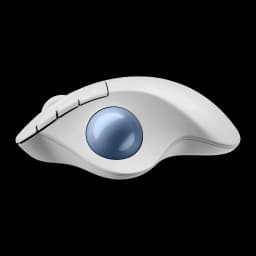 Logitech Trackball Ergo M575s Blanco, vista lateral en ángulo: bola de seguimiento azul y botones laterales visibles