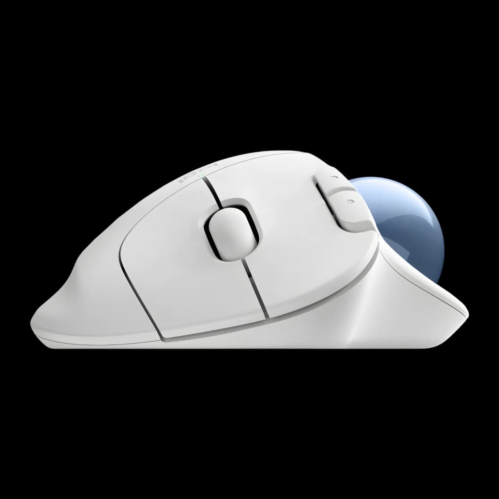 Logitech Trackball inalámbrico Ergo M575s Blanco, vista lateral: perfil ergonómico, rueda de desplazamiento y bola azul