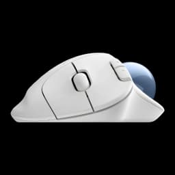 Logitech Trackball inalámbrico Ergo M575s Blanco, vista lateral: perfil ergonómico, rueda de desplazamiento y bola azul
