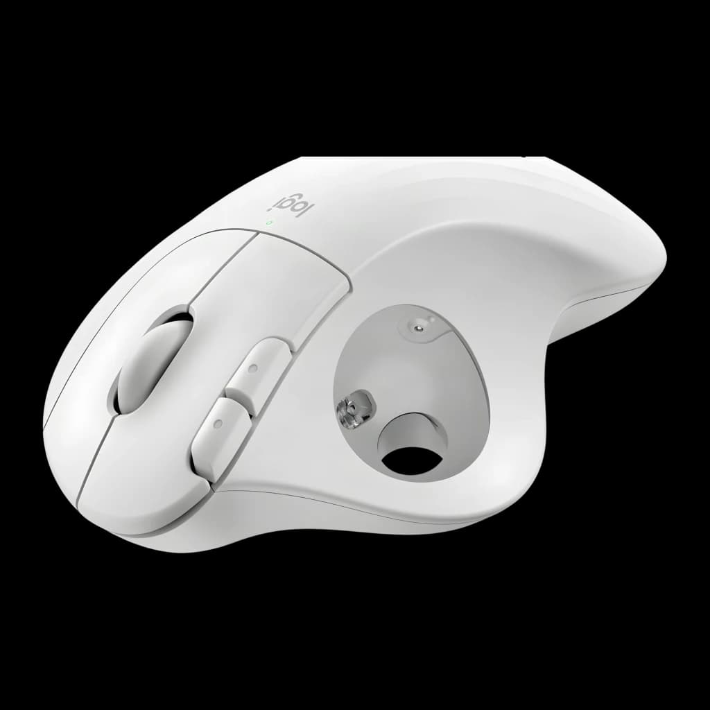 Logitech Trackball Ergo M575s Blanco, vista superior trasera: hueco de la bola trackball, botones y logo logi visibles