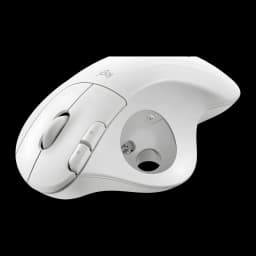 Logitech Trackball Ergo M575s Blanco, vista superior trasera: hueco de la bola trackball, botones y logo logi visibles