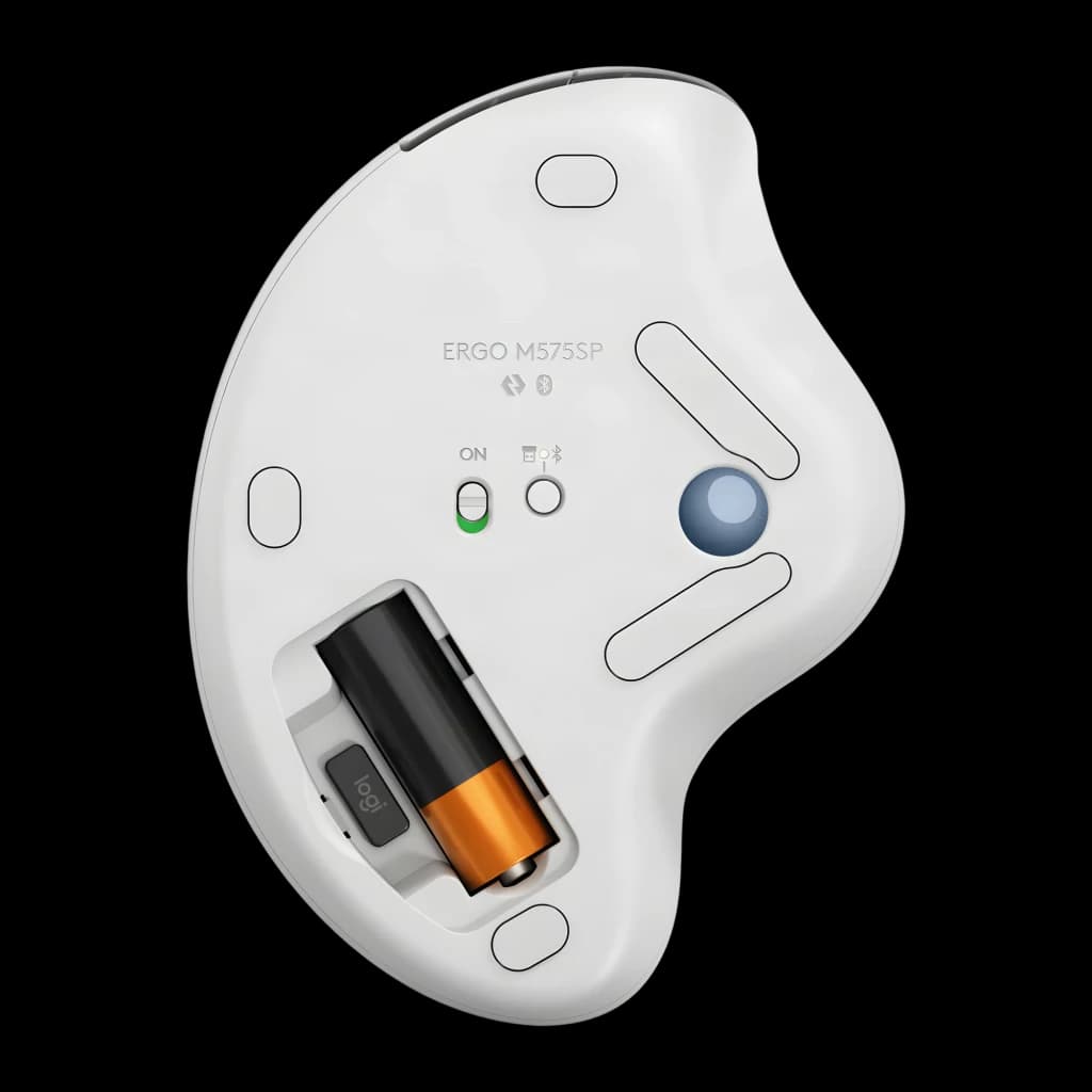 Logitech Trackball Ergo M575s Blanco, vista inferior: compartimento de batería abierto, interruptores ON y Bluetooth visibles