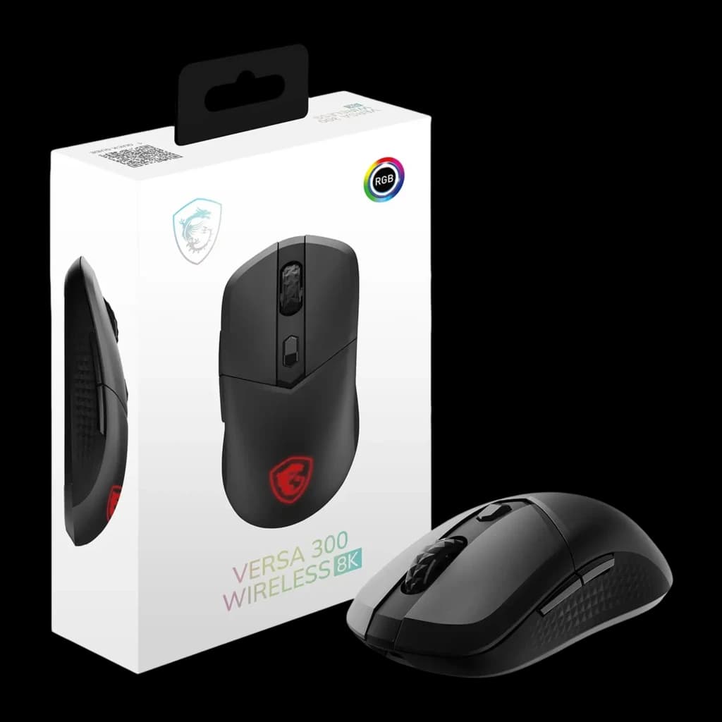 MSI Versa 300 Wireless 8K preto, kit com caixa: rato preto junto à embalagem com ilustração do produto e logo RGB