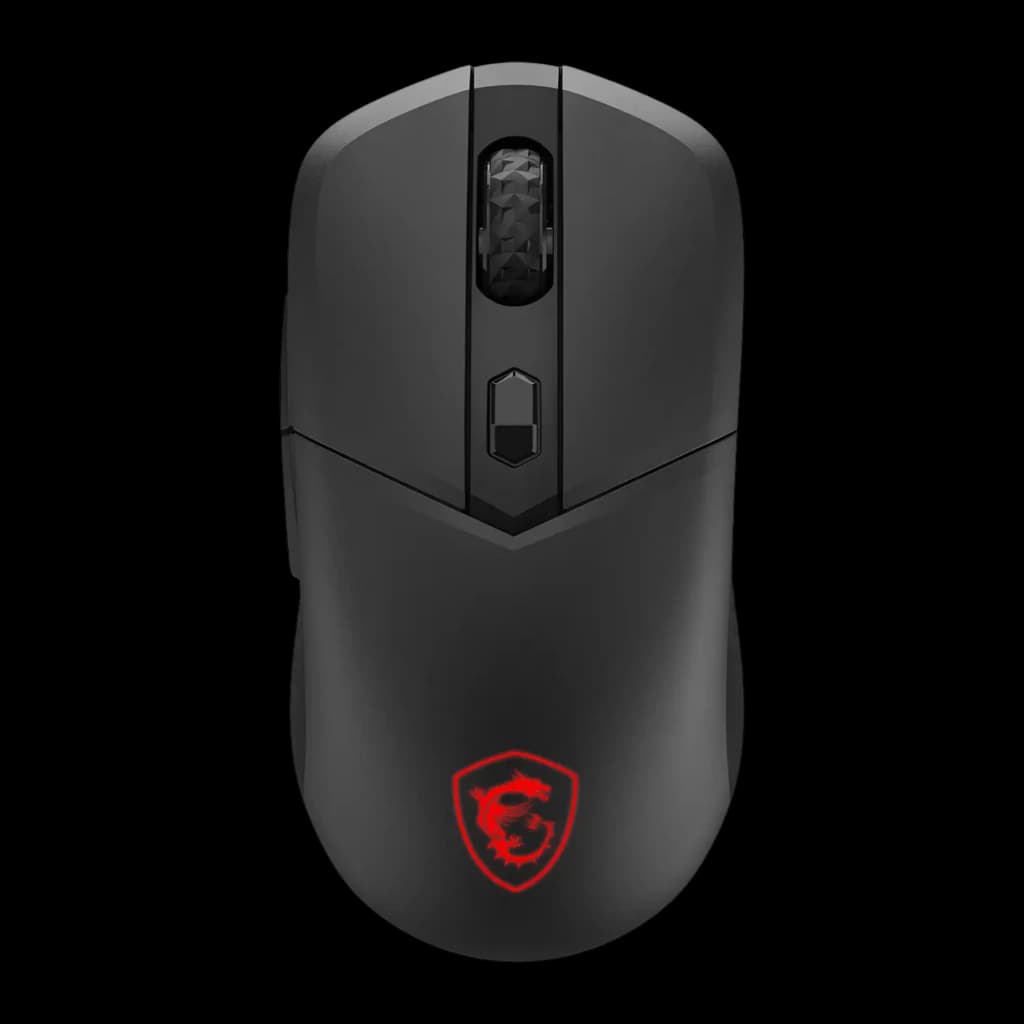 MSI Versa 300 Wireless 8K preto, vista superior: roda facetada, botão DPI e logótipo dragão vermelho iluminado