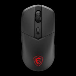 MSI Versa 300 Wireless 8K preto, vista superior: roda facetada, botão DPI e logótipo dragão vermelho iluminado