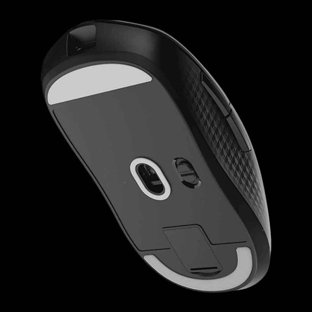 MSI Versa 300 Wireless 8K preto, vista inferior: sensor óptico, interruptor de energia e patins deslizantes brancos visíveis