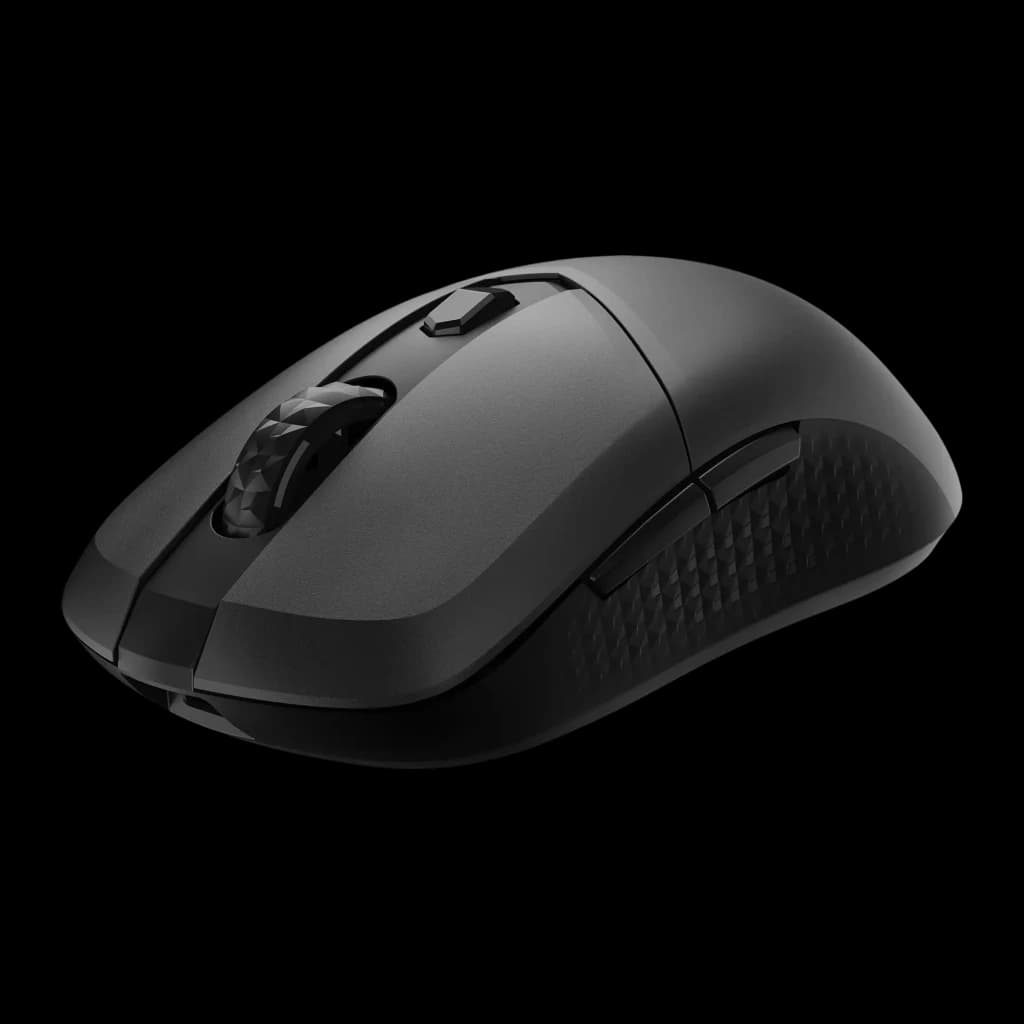 MSI Versa 300 Wireless 8K preto, vista frontal lateral esquerda: perfil ergonómico, roda e grip texturizado sem logo