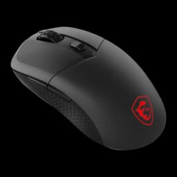 MSI Versa 300 Wireless 8K preto, vista superior lateral: logo dragão vermelho iluminado, roda texturizada e grip lateral