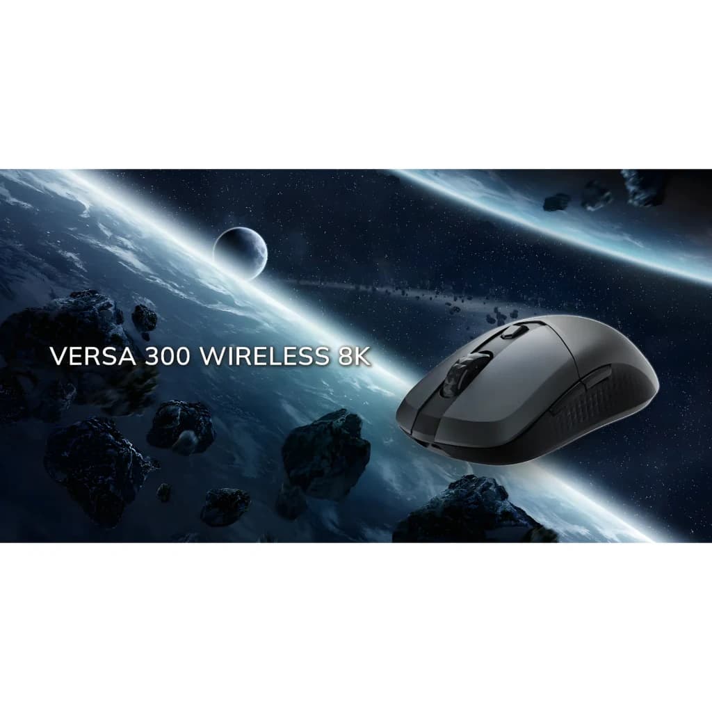 MSI Versa 300 Wireless 8K preto, vista lateral: rato gaming preto em fundo espacial com asteroides e planeta