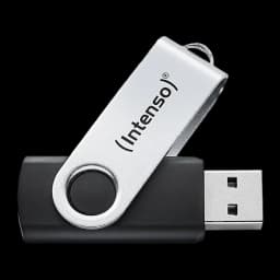 Intenso Office Line 256GB preto, vista diagonal: corpo preto e tampa giratória prateada aberta com conector USB visível