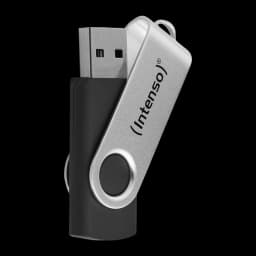 Intenso Office Line 256GB preto, vista frontal vertical: conector USB no topo, tampa prateada giratória inclinada e corpo