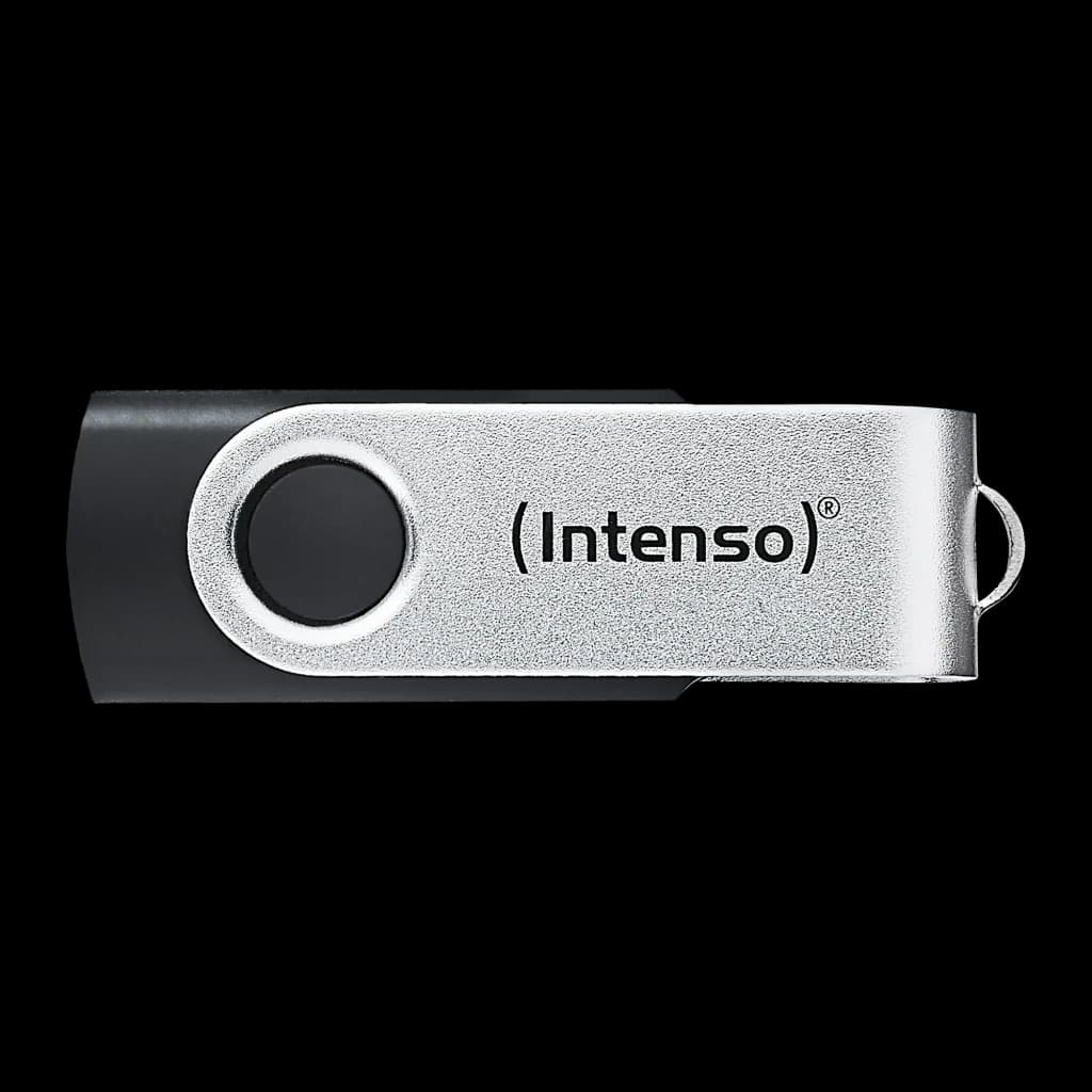 Intenso Office Line 256GB preto, vista lateral plana: tampa prateada fechada sobre corpo preto, logo e argola de chaveiro