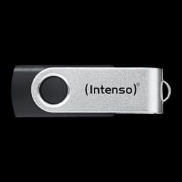 Intenso Office Line 256GB preto, vista lateral plana: tampa prateada fechada sobre corpo preto, logo e argola de chaveiro