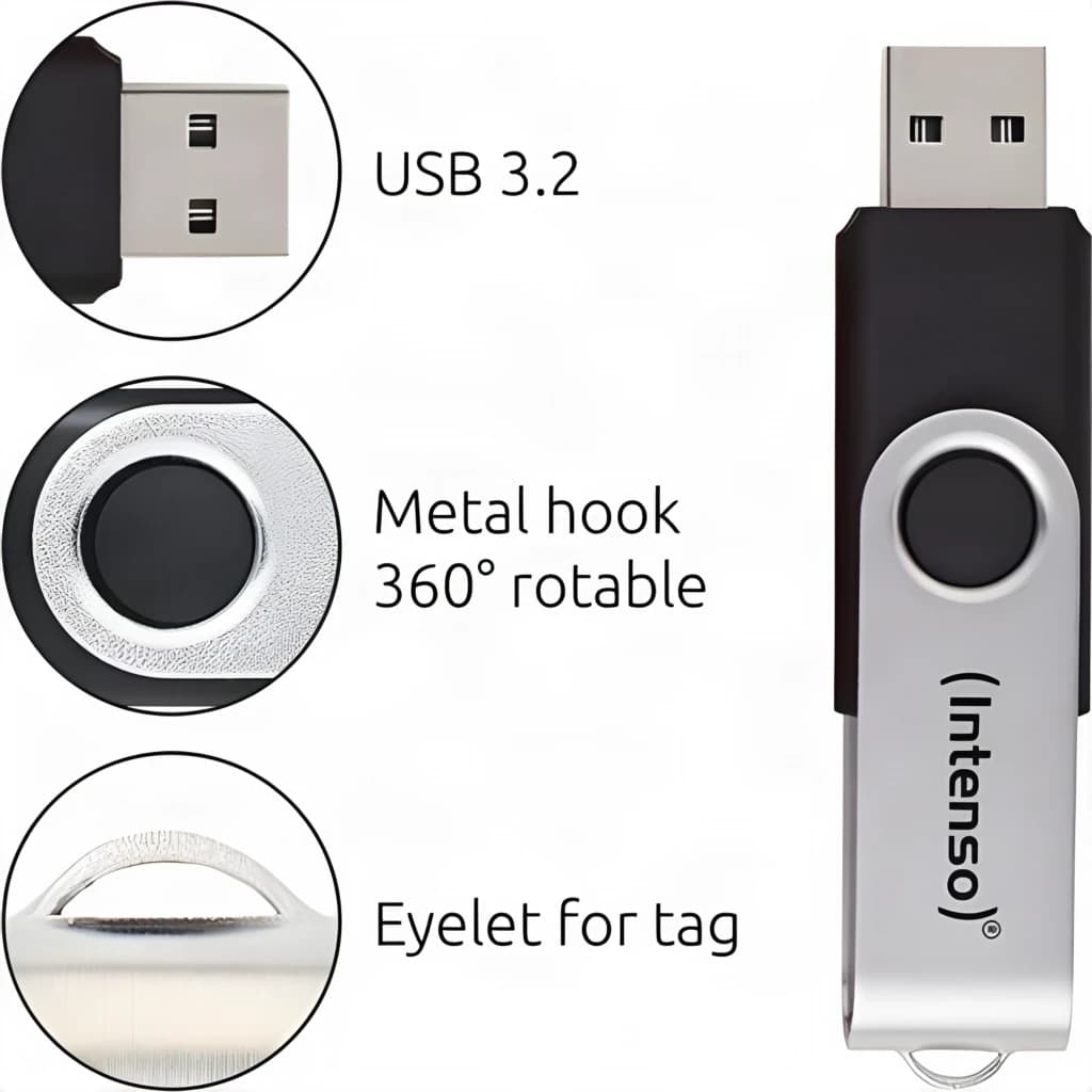 Intenso Office Line 256GB preto, detalhes: conector USB 3.2, gancho metálico giratório 360° e ilhó para etiqueta