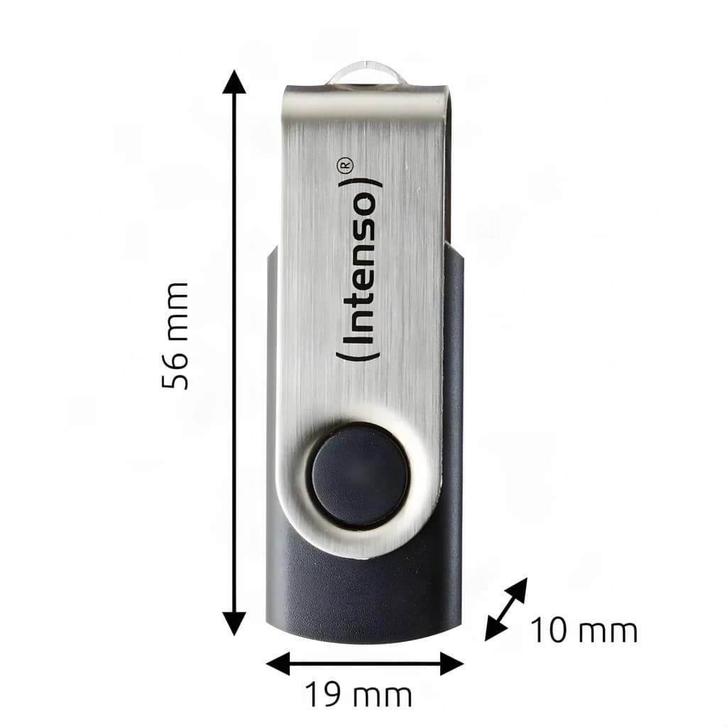 Intenso Office Line 256GB preto, vista frontal com dimensões: 56x19x10 mm, corpo preto e clipe prateado escovado