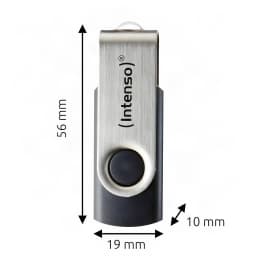 Intenso Office Line 256GB preto, vista frontal com dimensões: 56x19x10 mm, corpo preto e clipe prateado escovado