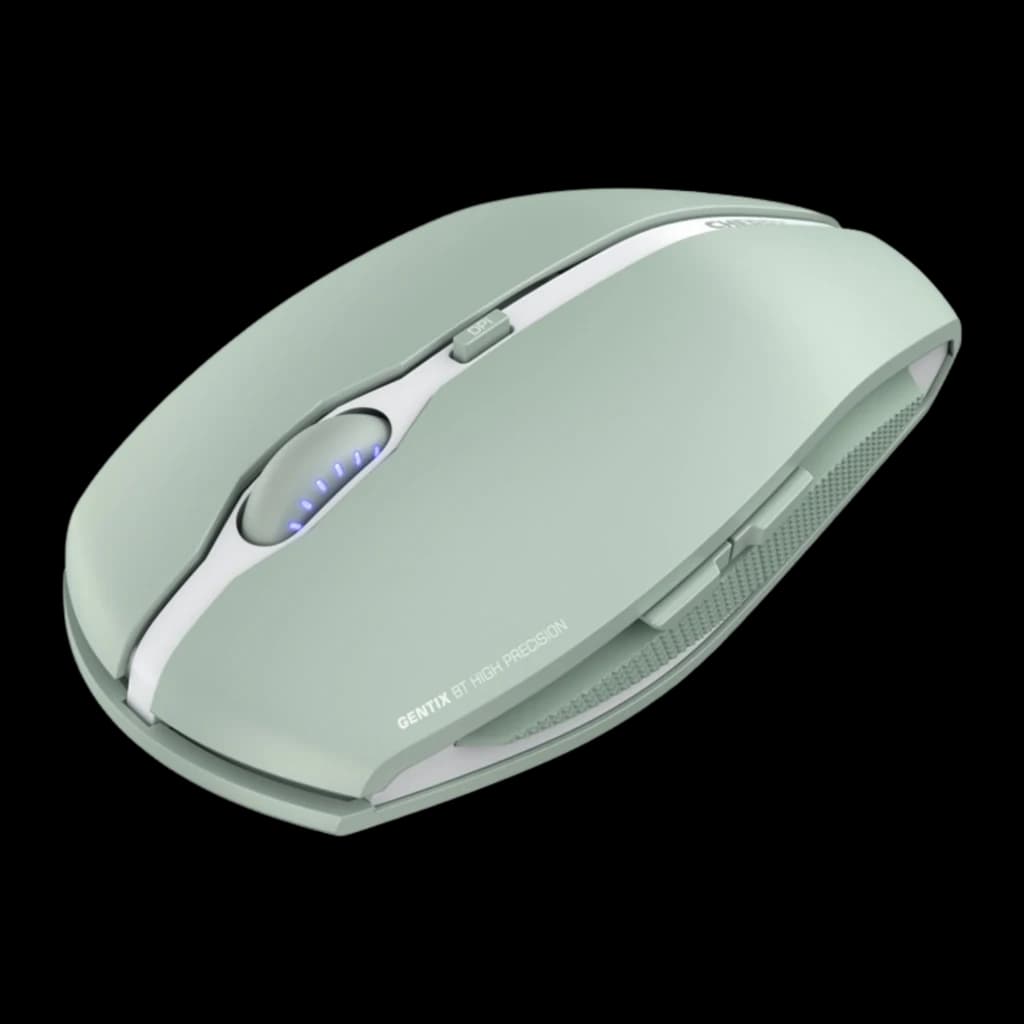 Cherry Gentix BT verde, vista diagonal frontal: LED azul en rueda, botones laterales texturizados visibles