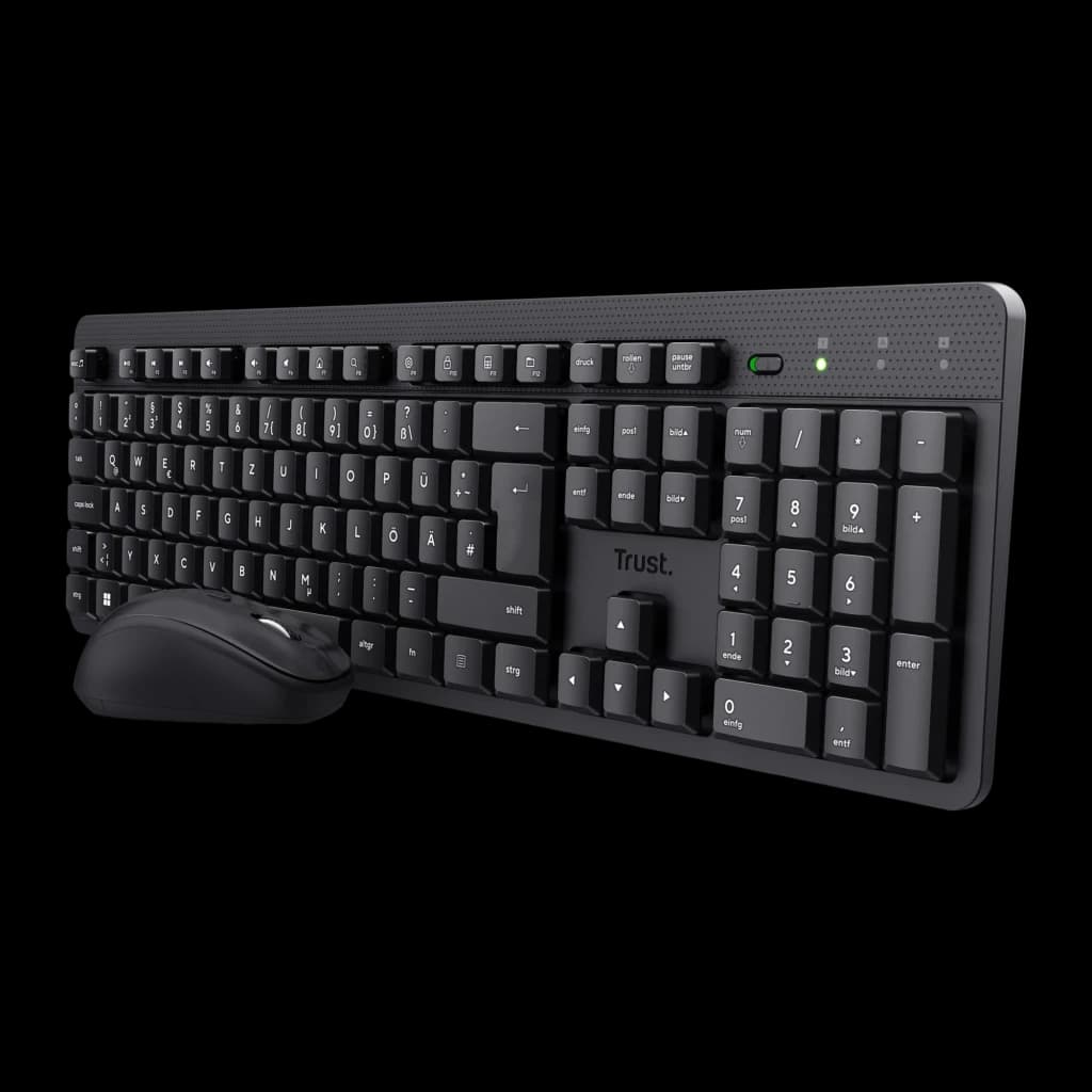 Trust Kit teclado y ratón inalámbrico TKM-360 negro, vista en ángulo: teclado QWERTY con teclado numérico y ratón delante