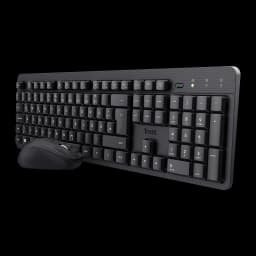 Trust Kit teclado y ratón inalámbrico TKM-360 negro, vista en ángulo: teclado QWERTY con teclado numérico y ratón delante