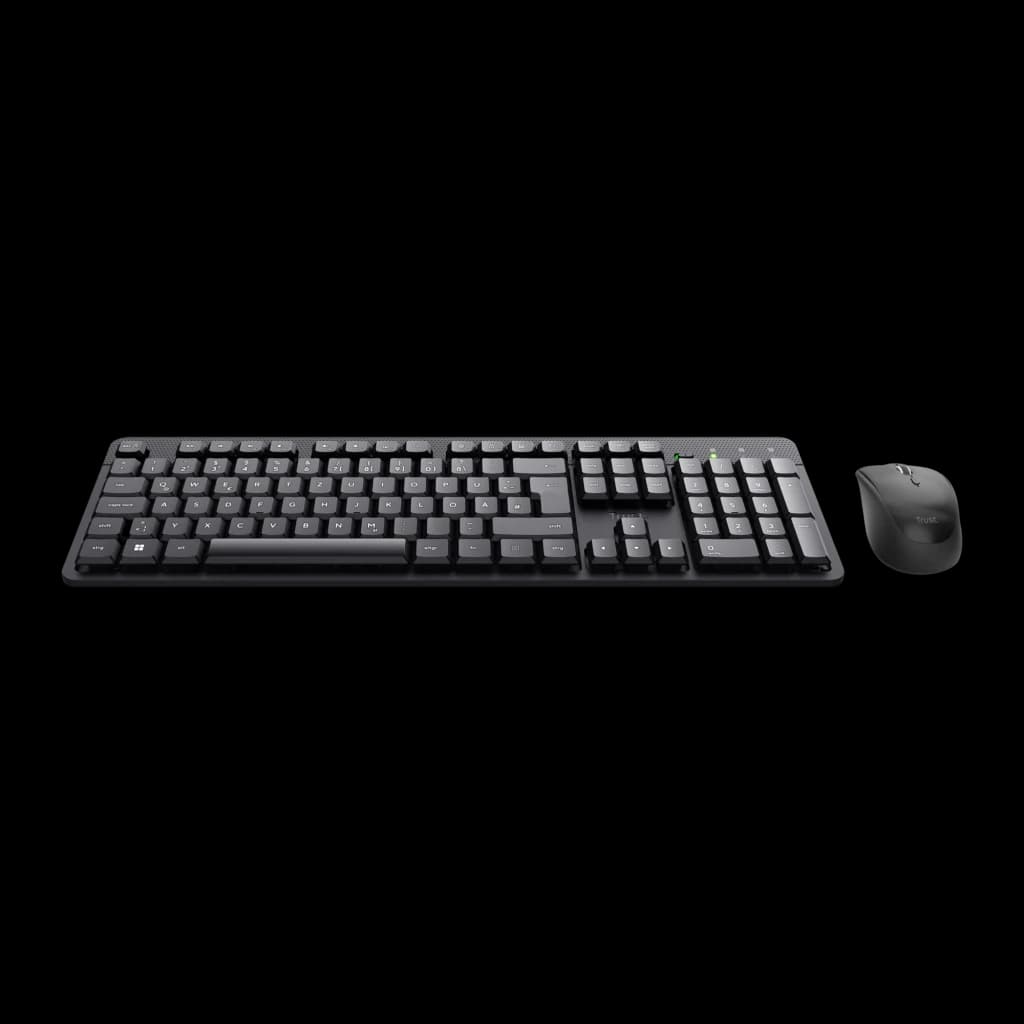 Trust Kit teclado y ratón inalámbrico TKM-360 negro, vista frontal superior: teclado QWERTY completo y ratón separado