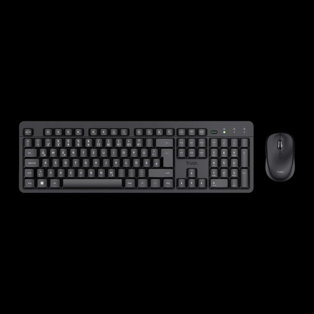 Trust TKM-360 negro, vista superior: teclado QWERTY completo con teclado numérico y ratón inalámbrico negro