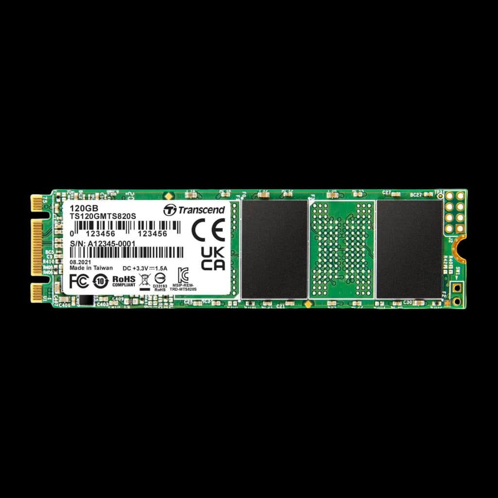 Transcend MTS820 120GB M.2, vista frontal horizontal: PCB verde com etiqueta, chips pretos e conector dourado