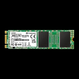 Transcend MTS820 120GB M.2, vista frontal horizontal: PCB verde com etiqueta, chips pretos e conector dourado