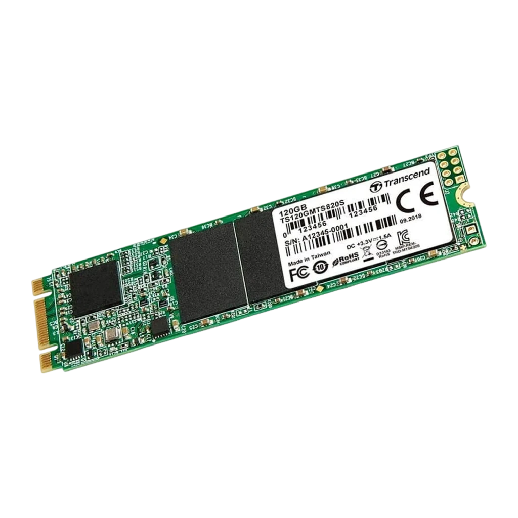 Transcend MTS820 120GB M.2, vista frontal horizontal: PCB verde con etiqueta, chips negros y conector dorado - Ítem1