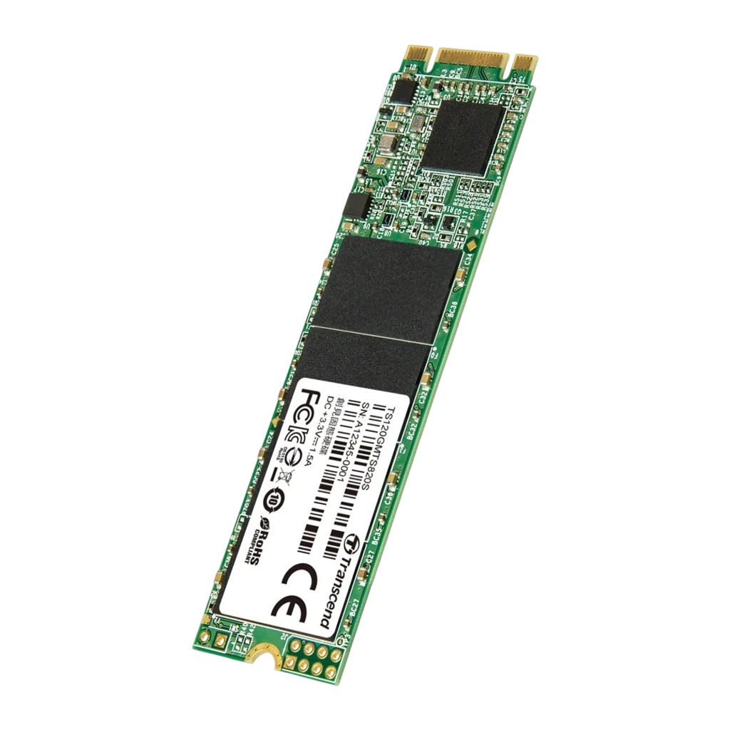 Transcend MTS820 120GB M.2, vista frontal horizontal: PCB verde con etiqueta, chips negros y conector dorado - Ítem2