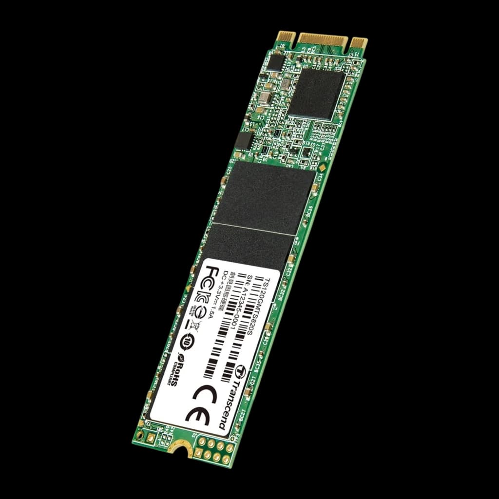 Transcend MTS820 120GB M.2, vista diagonal vertical reversa: PCB verde com chips pretos e conector dourado no topo